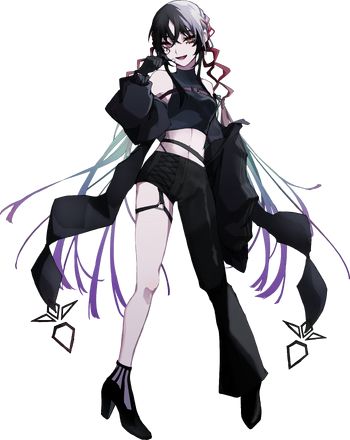 an anime character with long hair and black clothes, standing in front of a white background