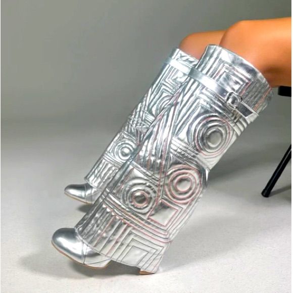 Unique Fashion Statement Round Toe Fold Over Boots. Block Heel, Buckle Decor, Heel Height 4.25in, True To Size Metallic Puffer Boots, Metallic Heel Boots, Silver Mirror Boots, Boots Stacked Heel, Unique Heel Shoes, Knee High Metallic Boots, Chrome Silver Boots, Silver Platform Boots, Unique Boots For Women