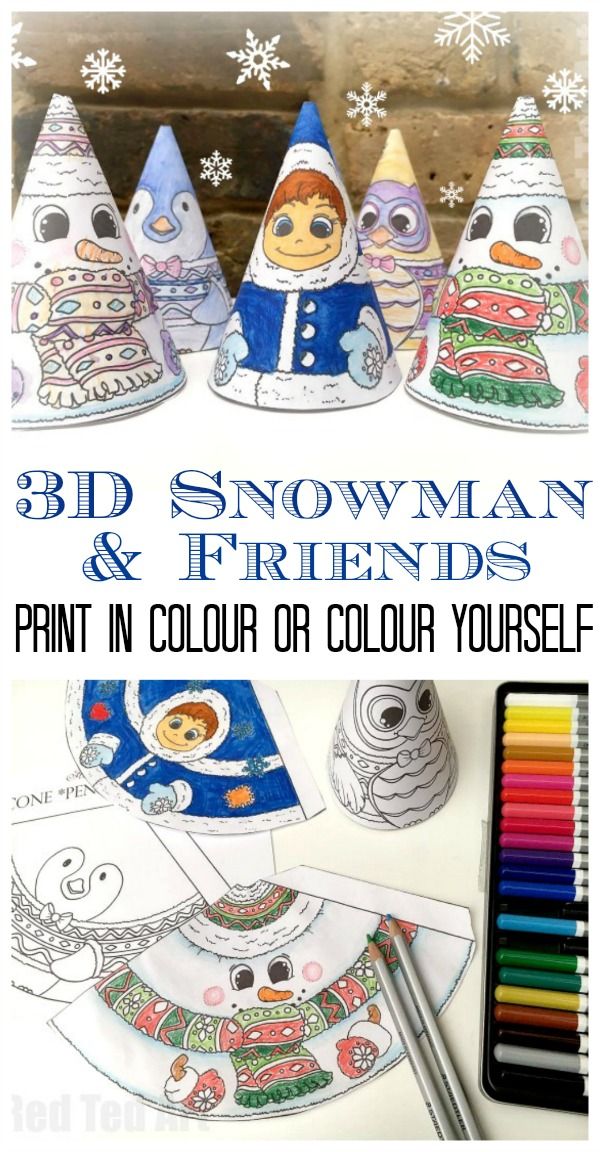 three snowman and friends painted in color on paper with markers, pencils and crayons