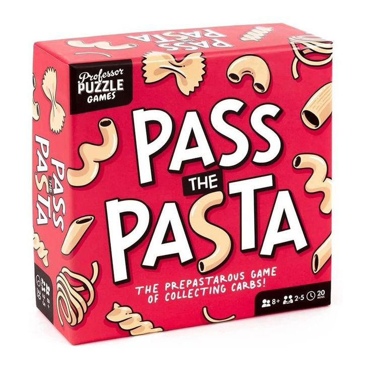 the box for pass the pasta game is red with white lettering and lots of toppings