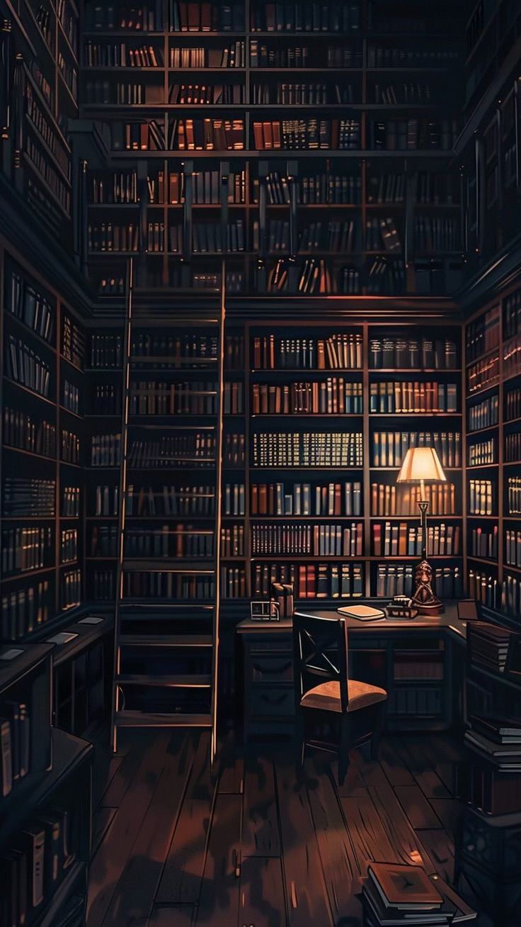 a room filled with lots of books and a lamp on top of a wooden table