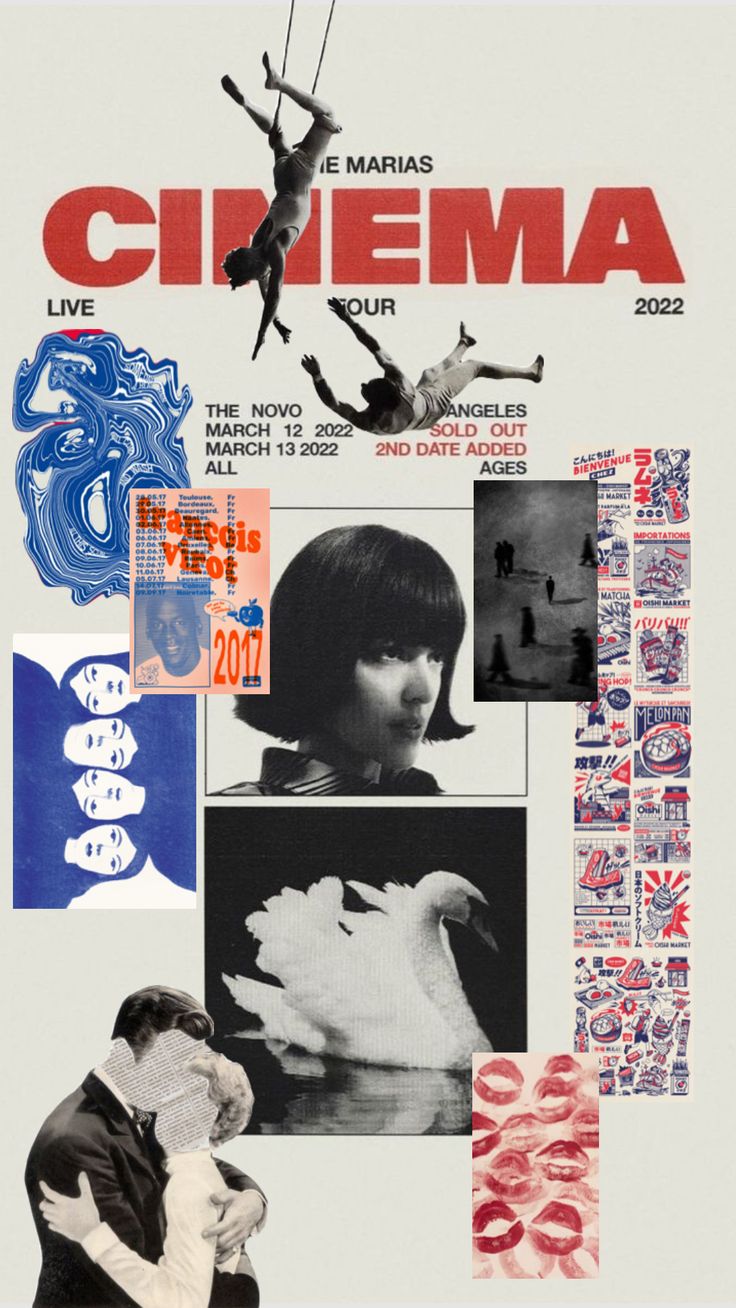 a collage of photos and text with the words cinema on it, including an image of a woman hanging upside down