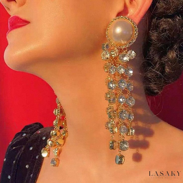 Lasaky - Exquisite Gold Chandelier Earrings adorned with Vintage Pearl and Crystal Embellishments Gold Chandelier Earrings, Crystal Chandelier Earrings, Big Pearl, Long Tassel Earrings, Vintage Pearl, Gold Chandelier, Pearl Set, Vintage Pearls, Pearl Stud Earrings