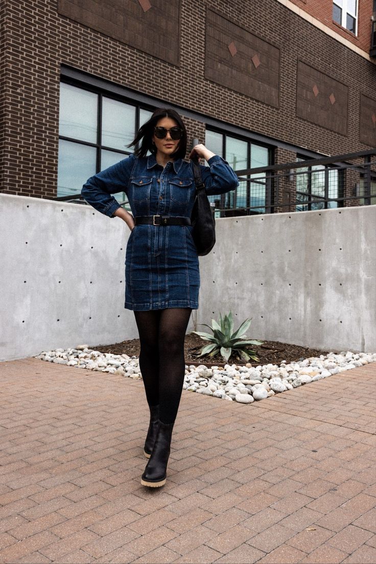 Button front denim mini dress from Madewell. Perfect for transitional dressing. Worn with tights and boots Kendi Everyday, Transitional Dressing, Mini Dress Outfits, Winter Dress Outfits, Buttery Soft Leggings, Tights And Boots, Cold Weather Fashion, Denim Mini Dress, Soft Leggings