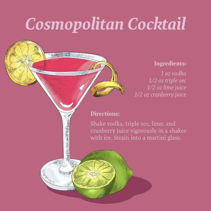 a pink cocktail with limes and a slice of lemon