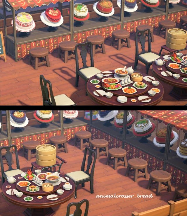 two pictures of different tables and chairs with food on them in an animated restaurant setting