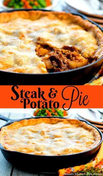 steak and potato pie in a cast iron skillet on a wooden table with text overlay