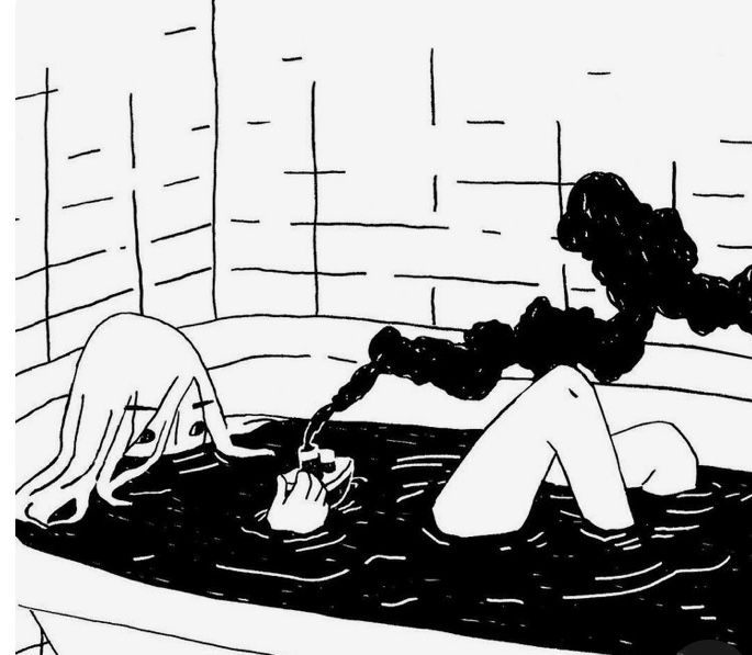 black and white drawing of a woman in a bathtub