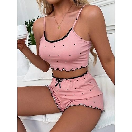 Season:Summer,Spring; Fabric:Spandex,Polyester; Gender:Women's; Quantity:2 Pieces; Nightwear Style:Sexy Lingerie,Lingerie Set; Style:Casual,Sweet; Elasticity:Micro-elastic; Occasion:Bed,Home; Age Group:Adults; Pattern:Dot; Neckline:Straps; Listing Date:11/27/2023; Hips:; Length:; Waist:; Feel of Sensation:Sexy Pyjamas Shorts, Bridal Sleepwear, Pijamas Women, Sleepwear For Women, Silky Pajamas, Silk Pajamas Women, Pajama Suit, Short Pj Set, Boho Floral Dress