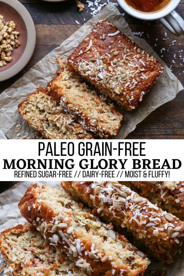 sliced loaf of paleo grain - free morning glory bread on top of parchment paper