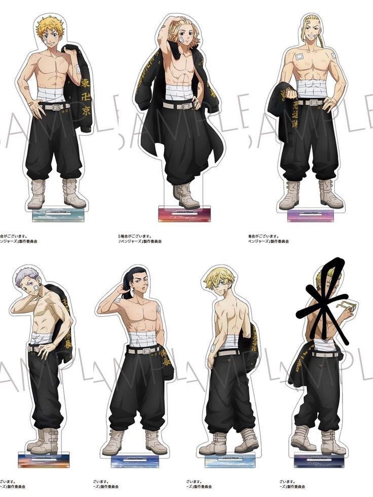 some anime character paper dolls with different poses and haircuts, all wearing black pants