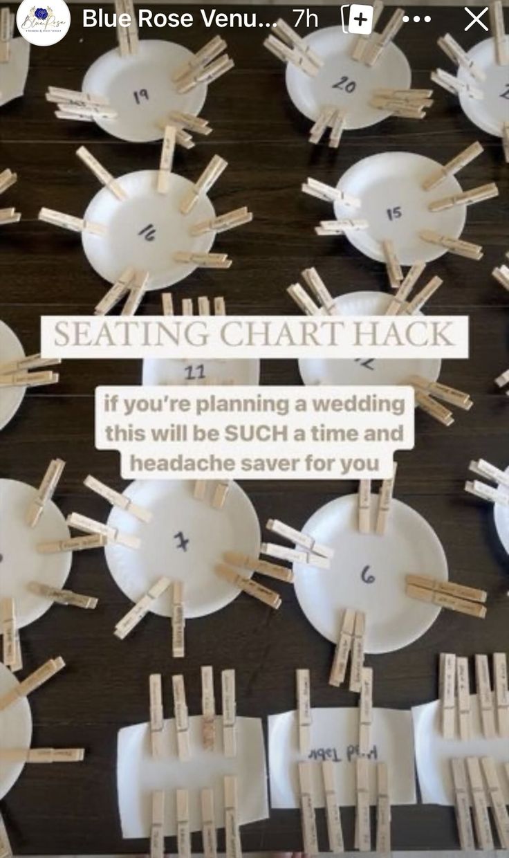 a table topped with lots of white plates covered in wooden clothes pins and text stating seating chart hacks