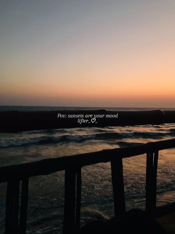 the sun is setting over the ocean and there is a quote on it that reads, but sunsets are your mood when 3