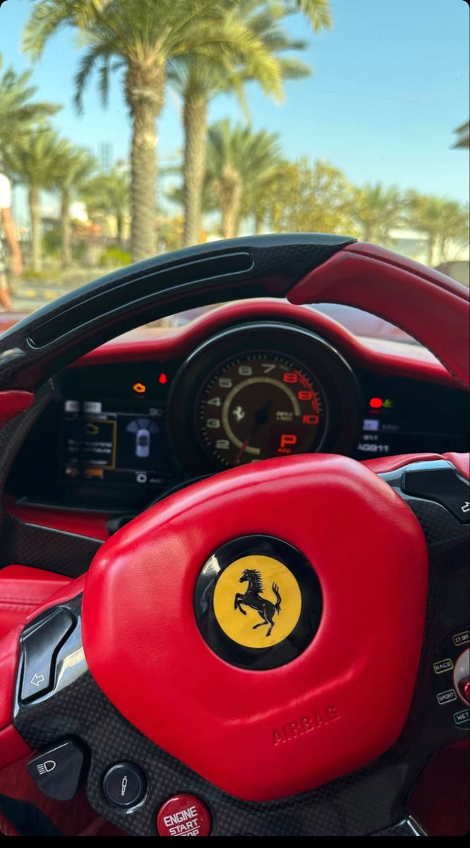 the steering wheel and dashboard of a red sports car with palm trees in the background