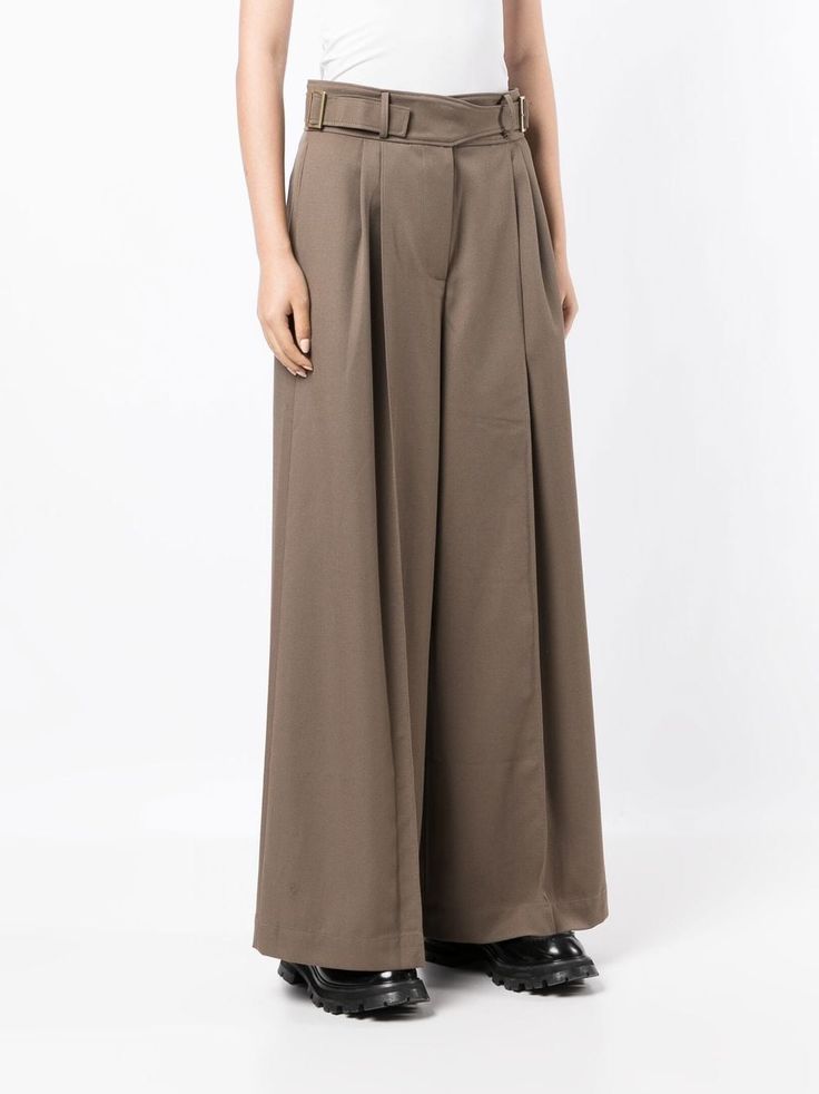 Rejina Pyo wide-leg Tailored Trousers - Farfetch Brown High-waisted Wide Leg Pants With Belt Loops, Tailored Brown Wide Leg Pants For Work, Brown Wide Leg Pants With Belt Loops For Work, Brown Wide Leg Trousers With Welt Pockets, Formal Wide-leg Bottoms With Belted Cuffs, Formal Wide Leg Bottoms With Belted Cuffs, Formal Wide-leg Pants With Belted Cuffs, Formal Brown Wide Leg Pants With Belt Loops, Elegant Brown Pleated Bottoms