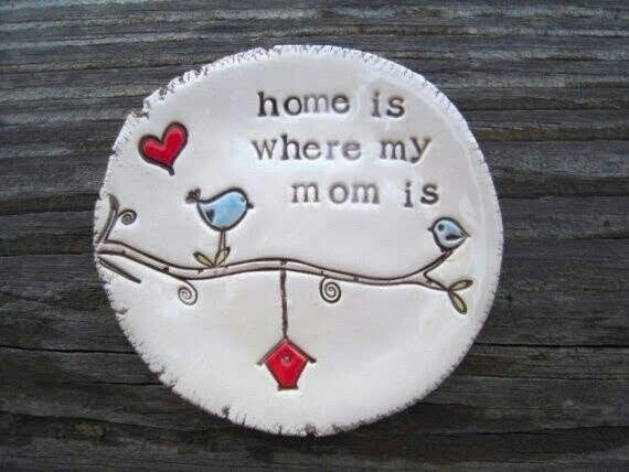 a white plate with birds on it that says, home is where my mom is