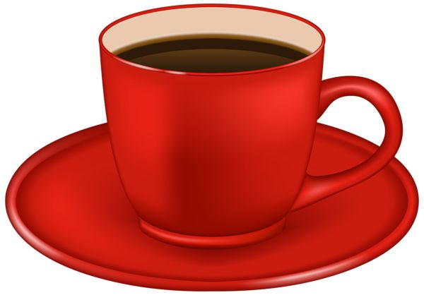 a red coffee cup and saucer on a white background with the image of an object in the top right corner