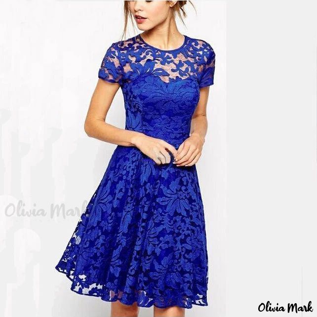 Olivia Mark - Fashionable Round Neck Short Sleeve Blue Lace Hem Dress Party Dress Blue, Lace Hem Dress, Short Sleeve Lace Dress, Cocktail Party Wedding, Lacey Chabert, Sukienki Plus Size, Marine Uniform, Lace Trim Shorts, Vestido Plus Size