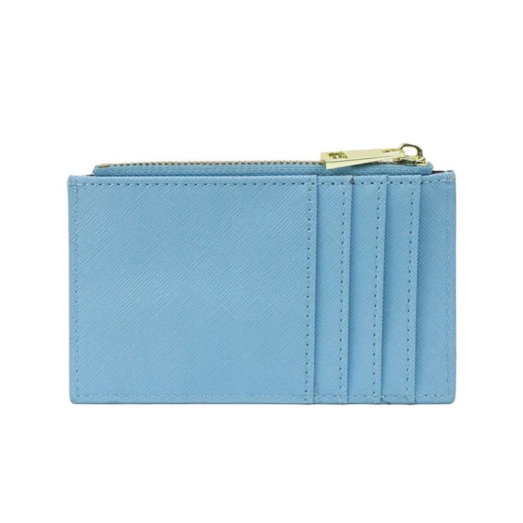 a small blue wallet with two zippers on the front and one in the back