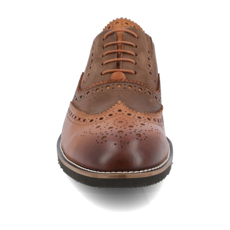 A room-commanding derby with brogue details the Covington by Thomas & Vine. This comfortable genuine leather oxford dress shoe features an elastic gusset and an ExtraLight� outsole lined with a 6 mm Tru Comfort Foam� footbed. Classic wingtip details top the look. Thomas Vines, Oxford Dress, Dress Shoe, Toe Designs, Leather And Lace, Cognac, Derby, Brown And Grey, Timeless Elegance