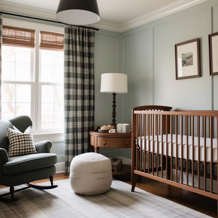 a baby's room with a rocking chair, crib and window in the background