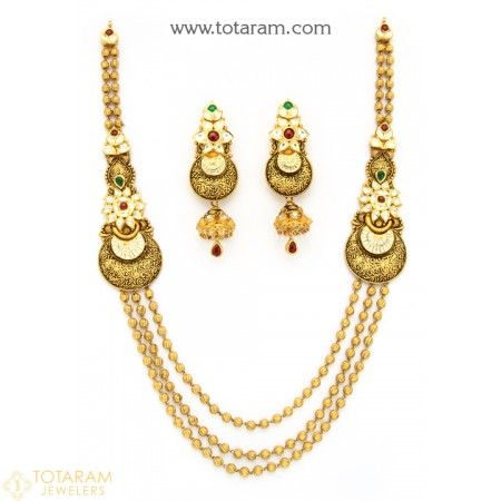 22K Gold Antique 'Long' Necklace & Drop Earrings Set with Fancy Stones  - 235-GS3041 - Buy this Latest Indian Gold Jewelry Design in 115.400 Grams for a low price of  $6,427.00 Gold Antique Necklace, Indian Gold Jewellery Design, 22 Carat Gold Jewellery, Indian Diamond Jewellery, Indian Gold Jewelry, Temple Jewelry Necklace, Gold Jhumka Earrings, Antique Necklaces, Gold Necklace Indian