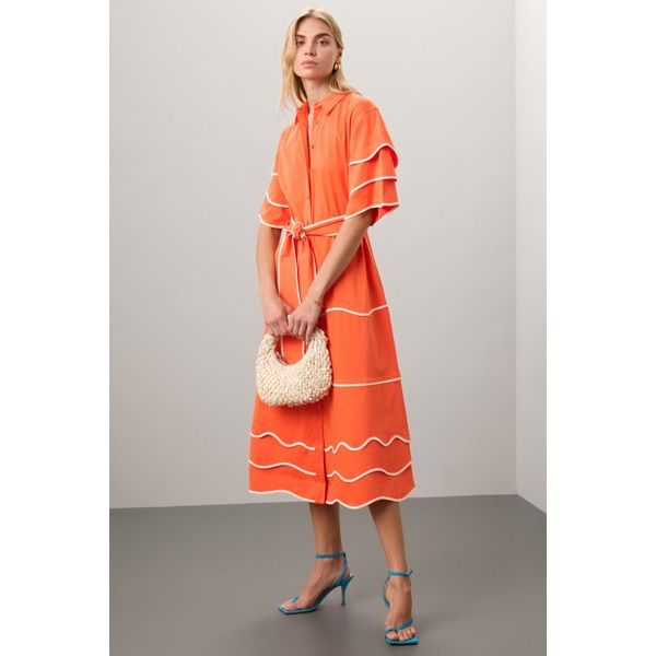 Orange (53% Cotton, 43% Viscose, 4% Elastane). Casual Dresses. Collared. Cap Sleeve. Front button closure. Shoulder to hemline length: 49.5". Imported. Elegant Belted Midi Dress For Vacation, Summer Workwear Orange Midi Dress, Orange Midi Dress For Summer Workwear, Summer Orange Midi Dress For Workwear, Orange Midi Dress For Casual Wear, Orange Midi Length Dress For Work, Orange Belted Summer Dress, Elegant Orange Midi Dress For Casual Occasions, Summer Workwear Dresses With Ruffle Hem