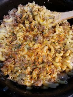 a skillet filled with macaroni and cheese