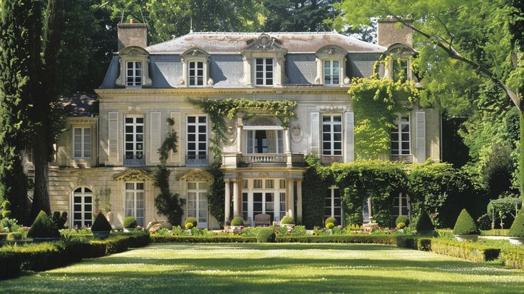 a large house with many windows and bushes around it