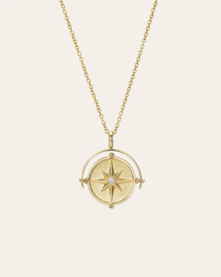 Spinner Compass Medallion Necklace - Zoe Lev Jewelry Sterling Silver Yellow Gold Compass Design Necklace, Sterling Silver Yellow Gold Necklace With Compass Design, Travel Yellow Gold Jewelry With Compass Design, Timeless Gold Necklace With Compass Design, Diamond Compass Design Round Jewelry, Celestial Yellow Gold Jewelry With Compass Design, Yellow Gold Pendant Jewelry For Travel, Round Diamond Jewelry With Compass Design, Yellow Gold Pendant Necklaces For Travel