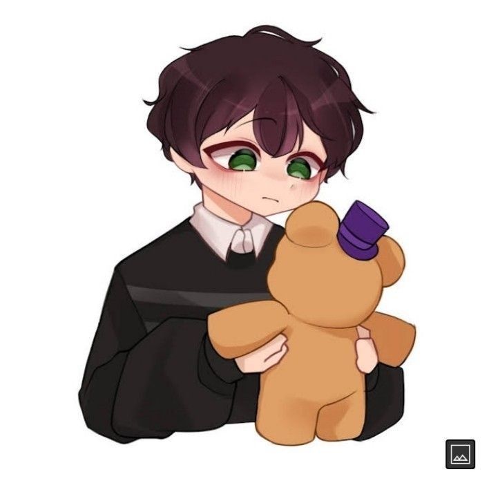 an anime character holding a teddy bear in his hand and looking at the camera with green eyes