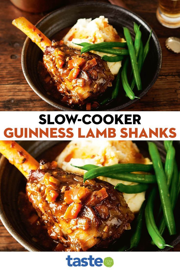 slow cooker guinness lamb shanks with green beans and mashed potatoes on the side