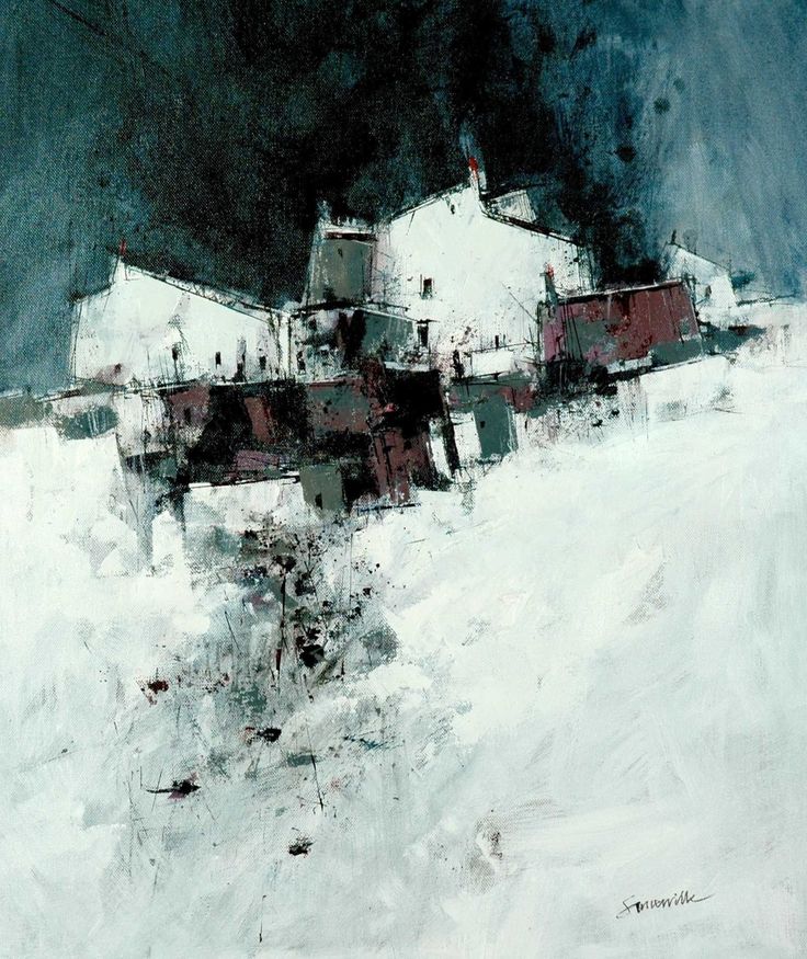 an abstract painting of houses in the snow