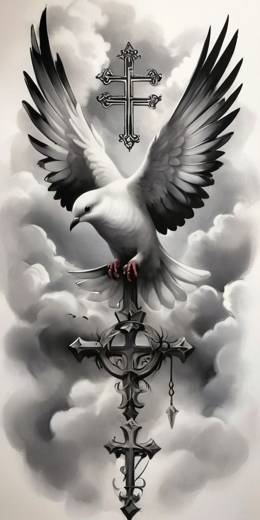 a white dove on top of a cross with clouds in the background