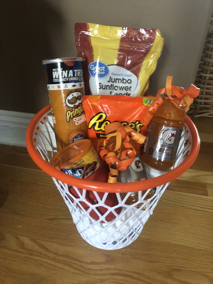 a basket filled with snacks and condiments