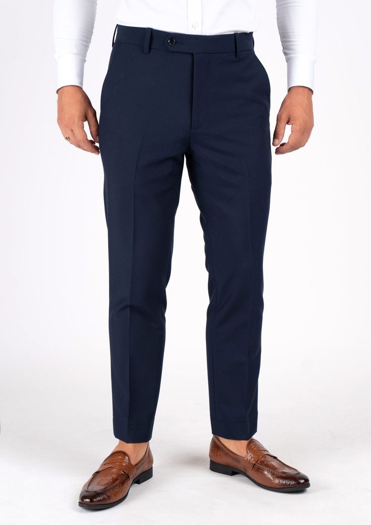 Navy Blue Stretch Pants - SARTORO Navy Cotton Trousers, Navy Business Casual Pants With Welt Pockets, Navy Pants With Welt Pockets For Business Casual, Business Casual Elastane Chinos, Elastane Chinos For Business Casual, Fitted Cotton Bottoms For Business Casual, Navy Chinos For Business Casual, Navy Straight Chinos For Business Casual, Navy Cotton Chinos Straight Pants