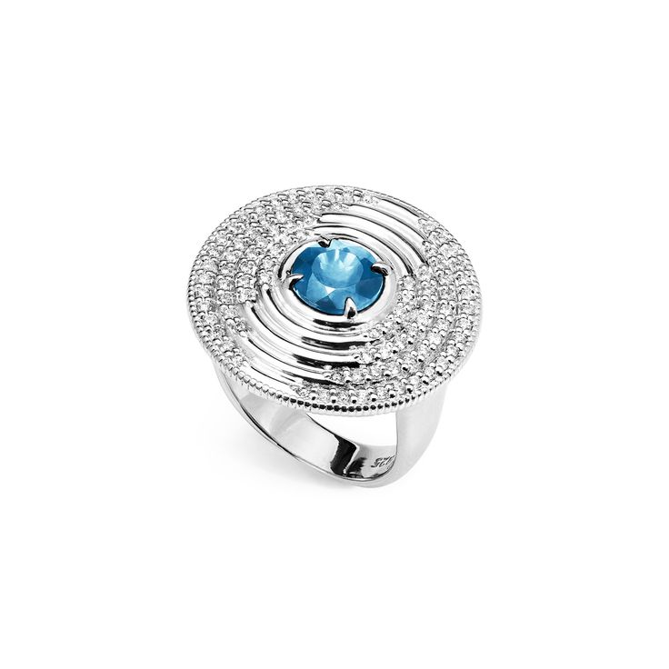 With sweeping geometric designs in sterling silver and precious gemstones, the Max collection creates a modern tribute to Lincoln Center; inspired by Max Abramowitz, a true pioneer of architecture. Sterling Silver Swiss Blue Topaz Pavè Diamonds, 0.90 total carat weight Rhodium finish to brighten and protect Modern Sterling Silver Topaz Ring With Center Stone, Modern Topaz Ring With Diamond And Polished Finish, Modern Blue Topaz Round Ring, Modern Sterling Silver Diamond Ring With Accent Stones, White Gold Blue Topaz Ring With Polished Finish, White Gold Polished Blue Topaz Ring, Modern Blue Topaz Ring, Round Shape, Modern Diamond Topaz Ring, Modern Silver Topaz Ring With Accent Stones