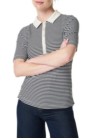 Smart stripes plus a contrast collar and placket bring sporty vibes to this modern polo cut from a form-fitting ribbed knit. Button half placket Spread collar Short sleeves 90% rayon, 10% elastane Machine wash, tumble dry Imported Sporty Fitted Polo Shirt With Striped Collar, Striped Cotton Polo Shirt With Ribbed Collar, Cotton Polo Collar Top With Vertical Stripes, Sporty Striped Cotton Polo Shirt, Striped Cotton Polo Collar T-shirt, Contrast Collar, White Stripe, Ribbed Knit, Short Sleeves