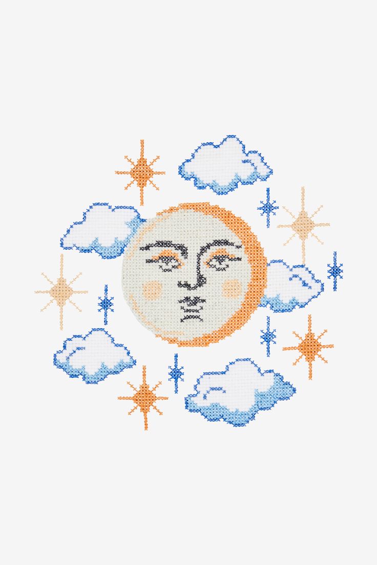 a cross stitch pattern with the face of a man in the moon surrounded by clouds and stars