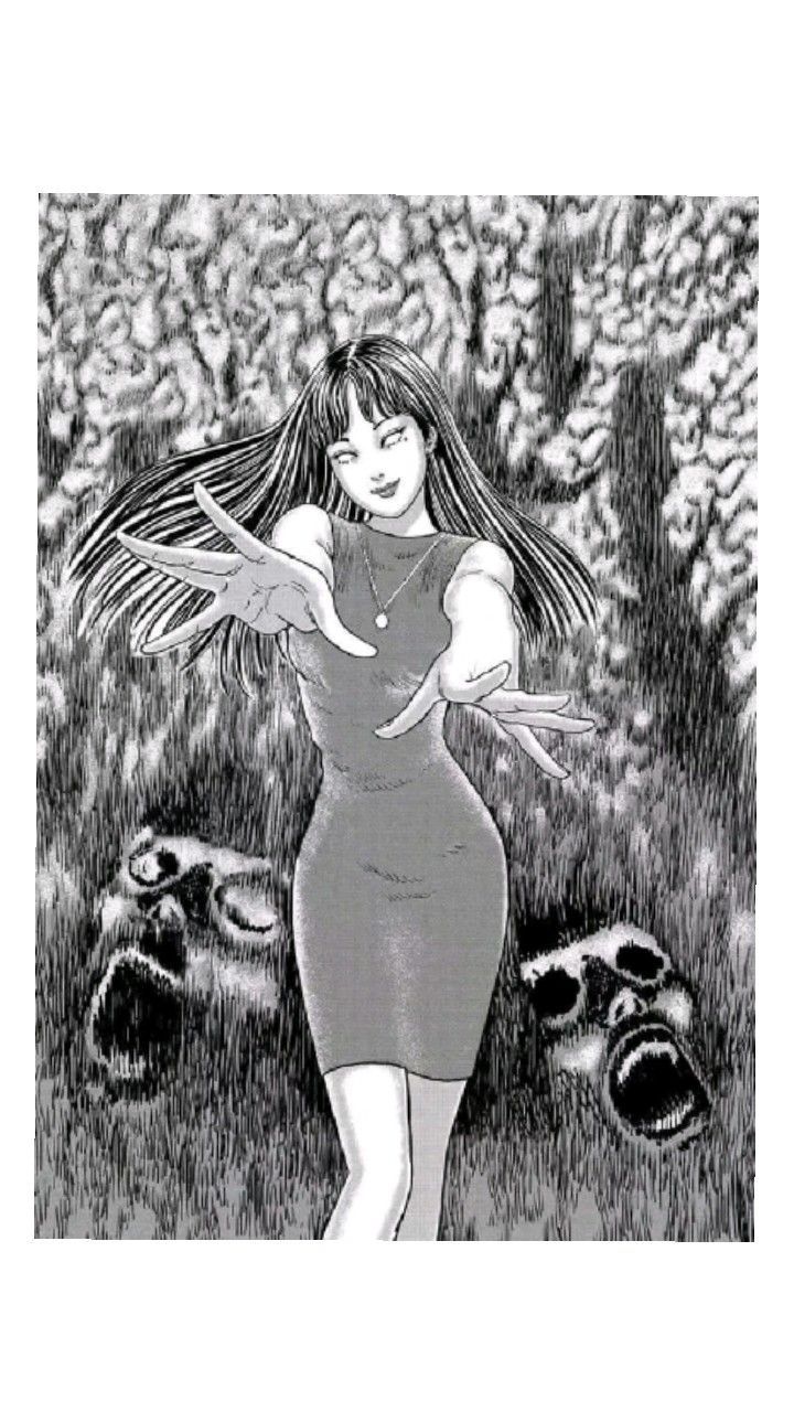 a drawing of a woman with long hair standing in the grass next to dead animals