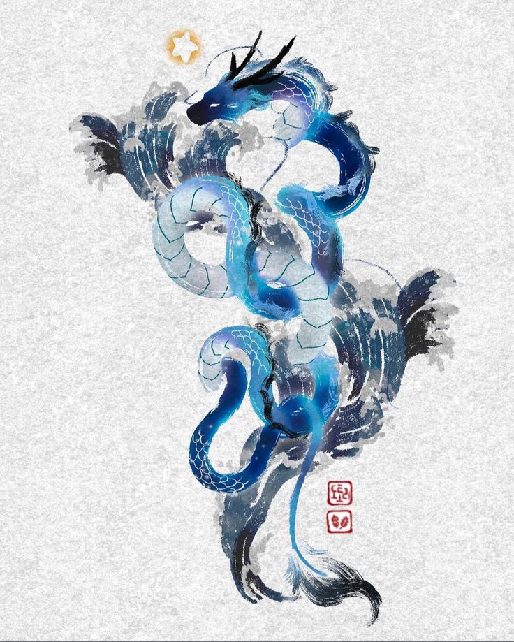 a blue dragon with two black birds sitting on it's back and the words written in