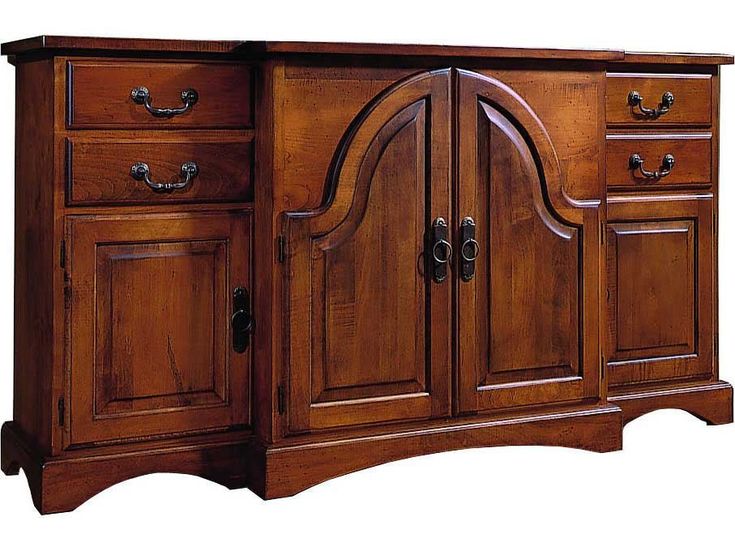 a large wooden cabinet with two doors and drawers on one side, an arched door at the top