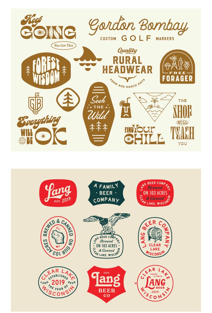 two different types of logos and labels for various brands, each with their own logo