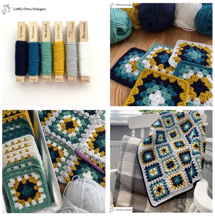 crocheted granny afghans with different colors and sizes are shown in three pictures