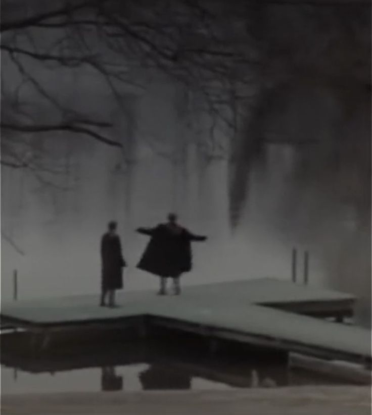 two people are standing on a dock in the snow, one is pointing at something