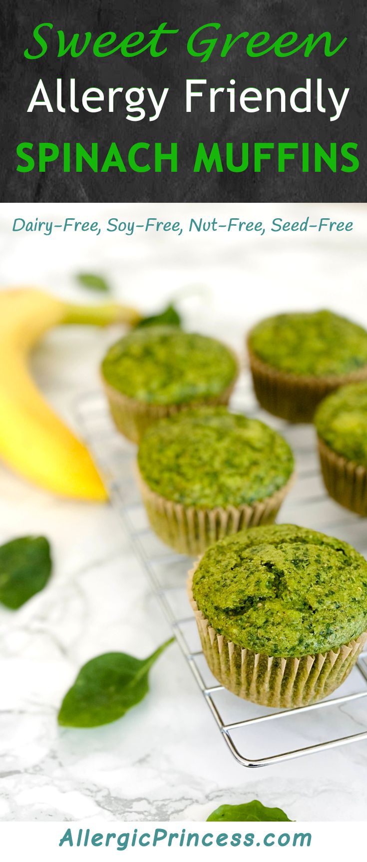 several green cupcakes sitting on top of a cooling rack next to a banana