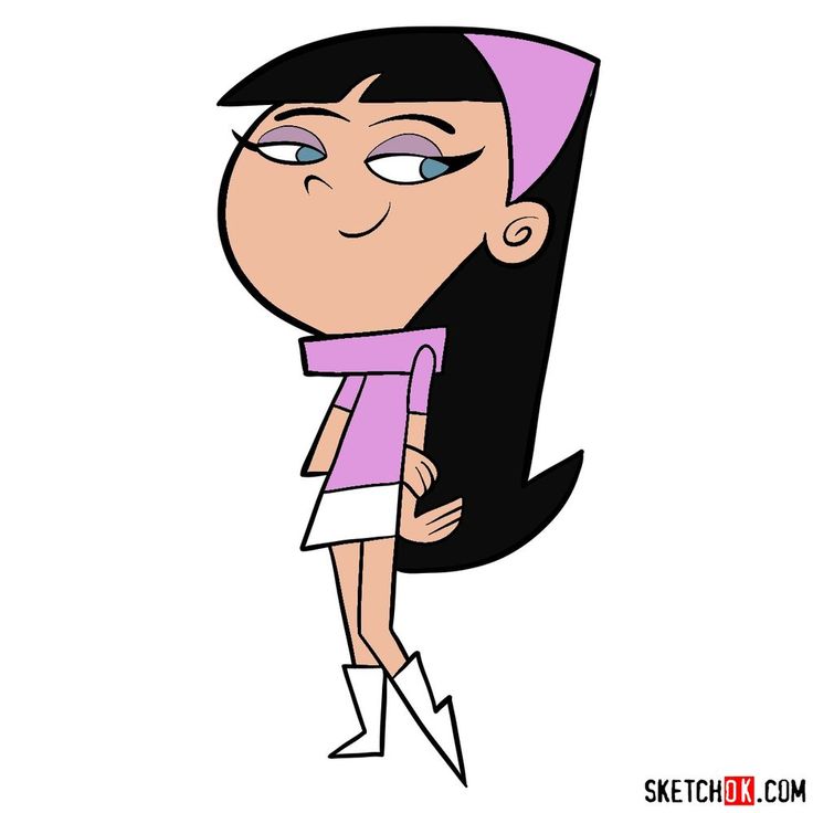 an animated girl with long black hair and blue eyes, standing in front of a white background