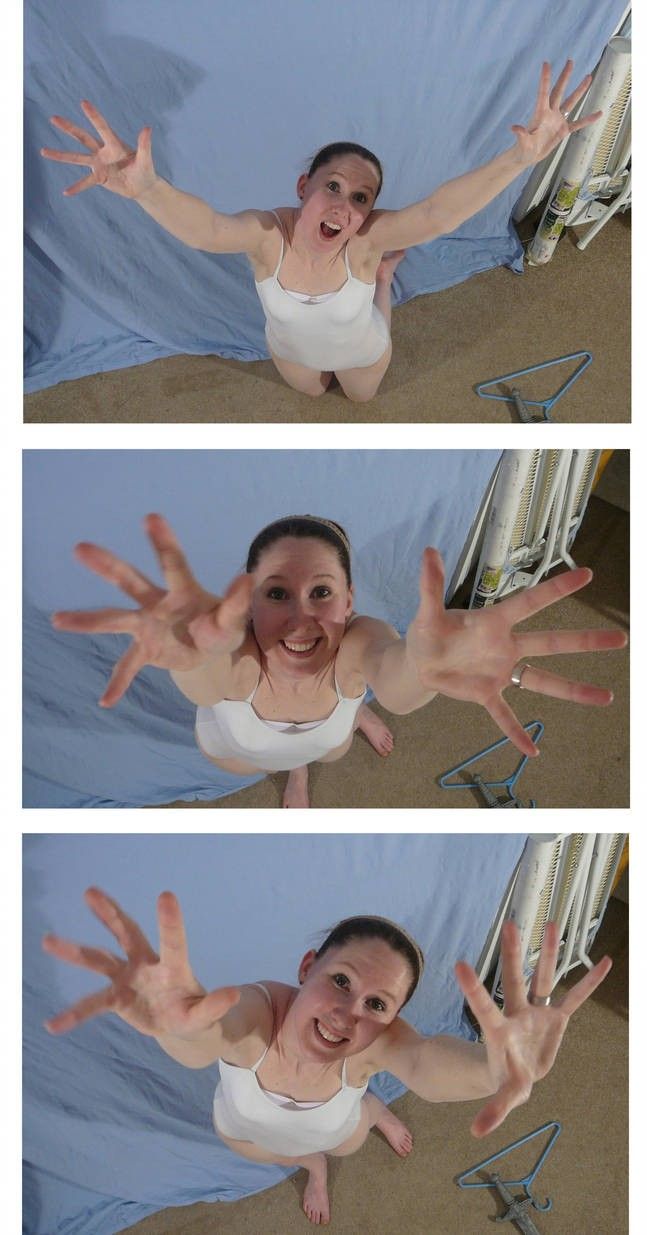 two pictures of a woman with her hands in the air