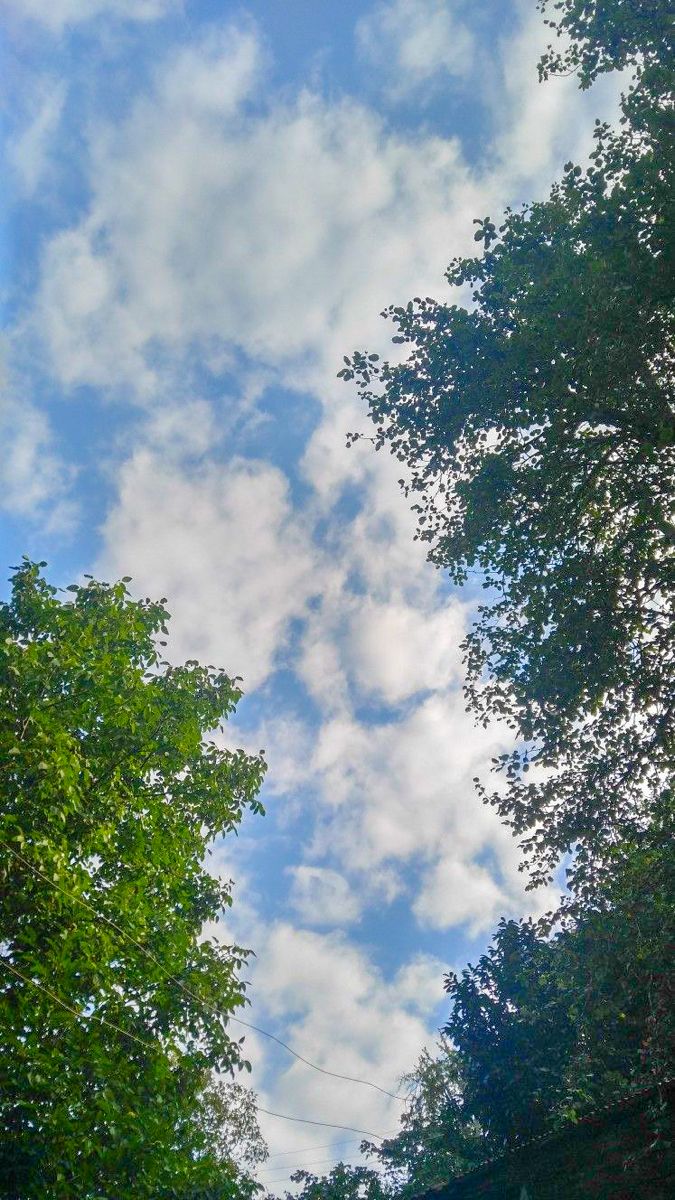 the sky is filled with clouds and trees