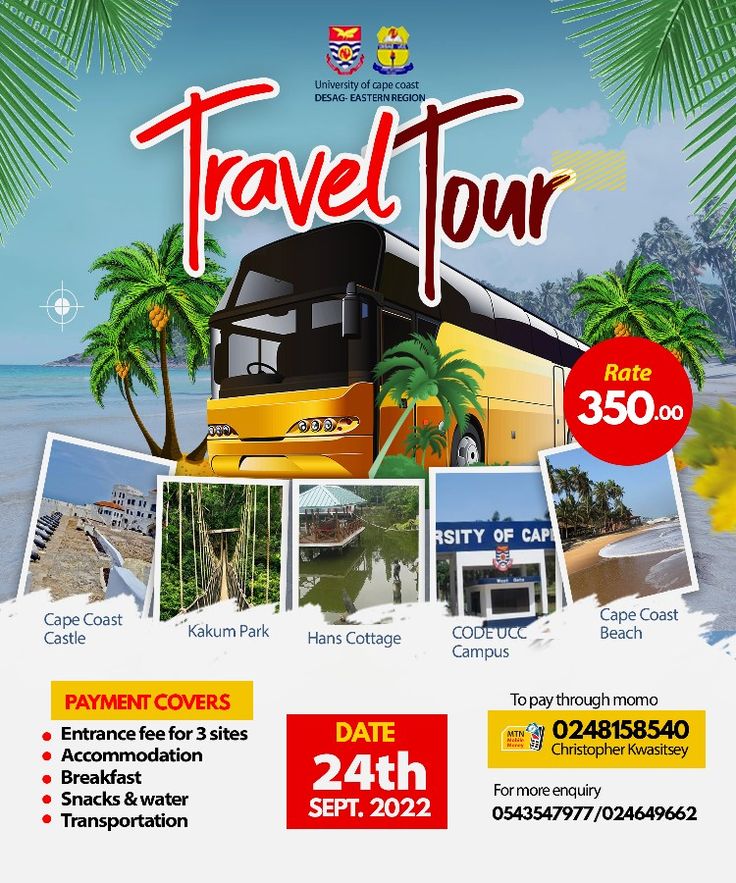 an advertisement for a travel tour with pictures of buses and palm trees on the beach